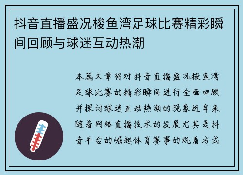 抖音直播盛况梭鱼湾足球比赛精彩瞬间回顾与球迷互动热潮